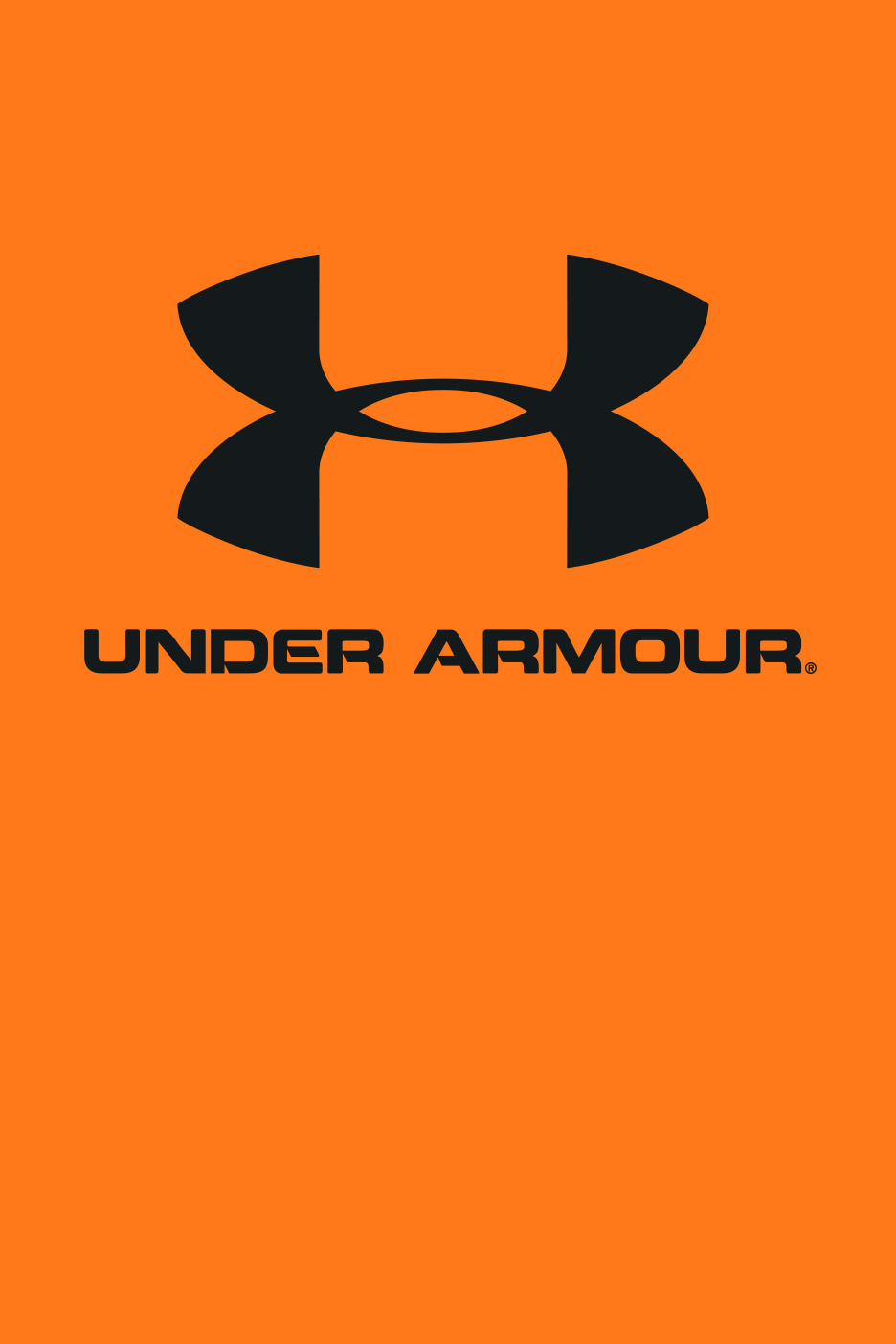 Black athletic wear logo and text on an orange background.