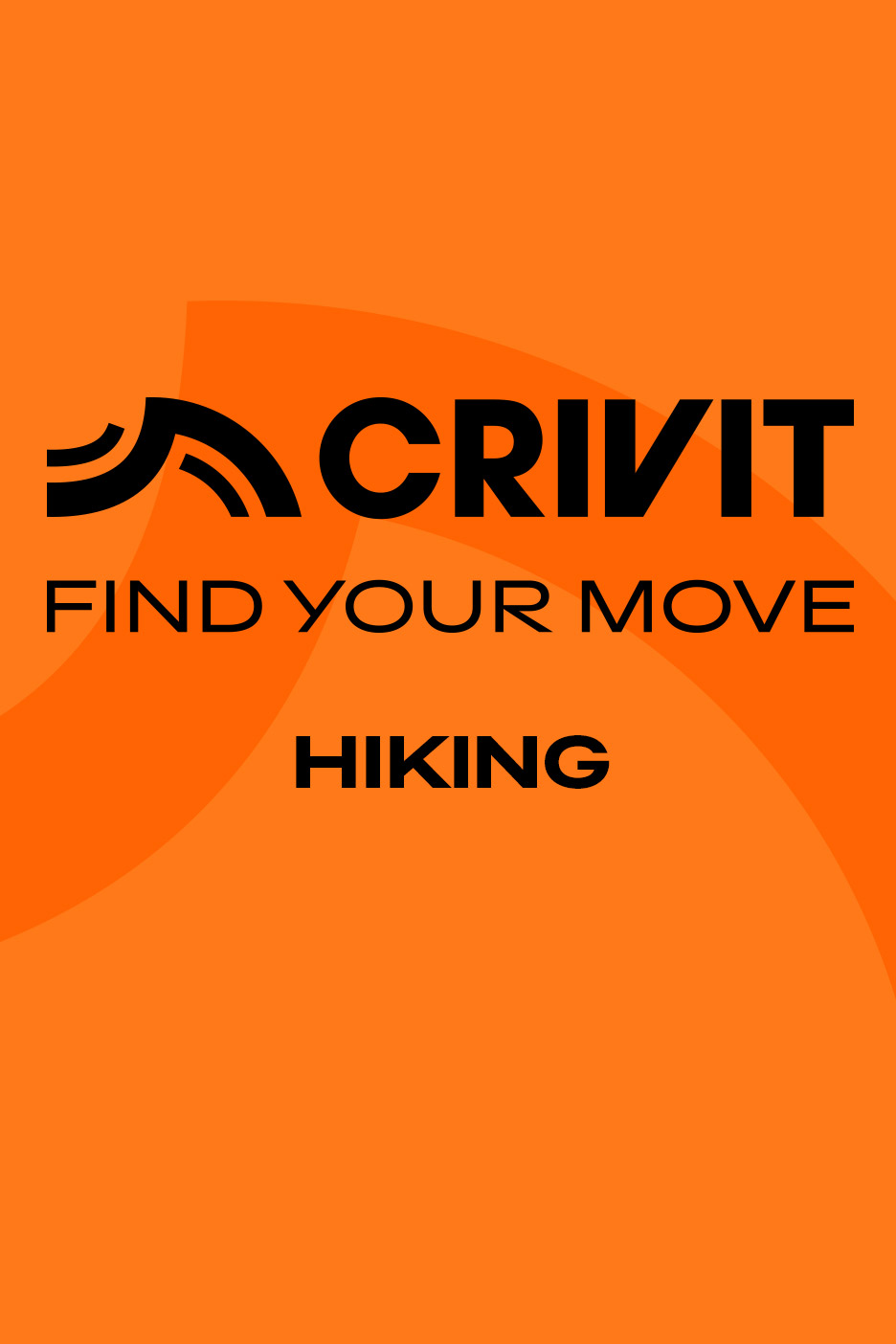 Orange background with black text: 'FIND YOUR MOVE HIKING' and a stylized logo.