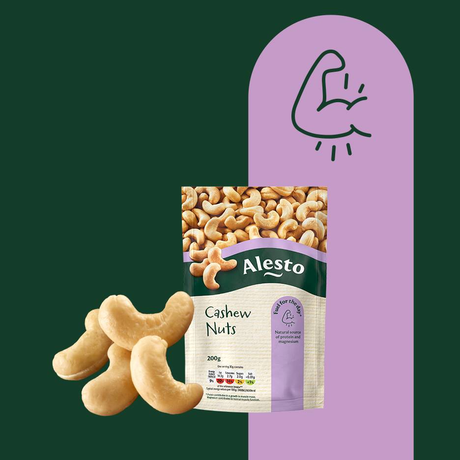 A bag of cashew nuts with loose cashews, set against a green and purple background with a bicep icon.