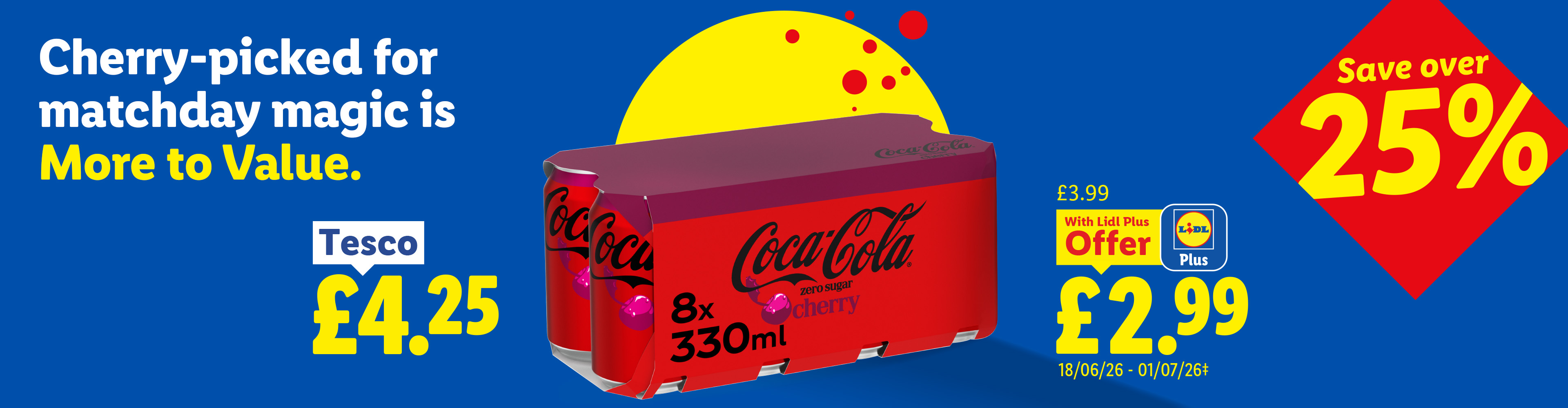 A pack of cherry-flavored cola cans with a price comparison showing a significant saving with a loyalty offer.