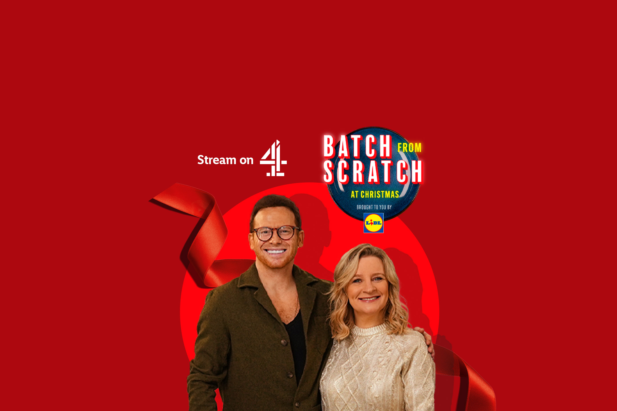 Lidl's 'Batch from Scratch at Christmas' show with two hosts on a red background.