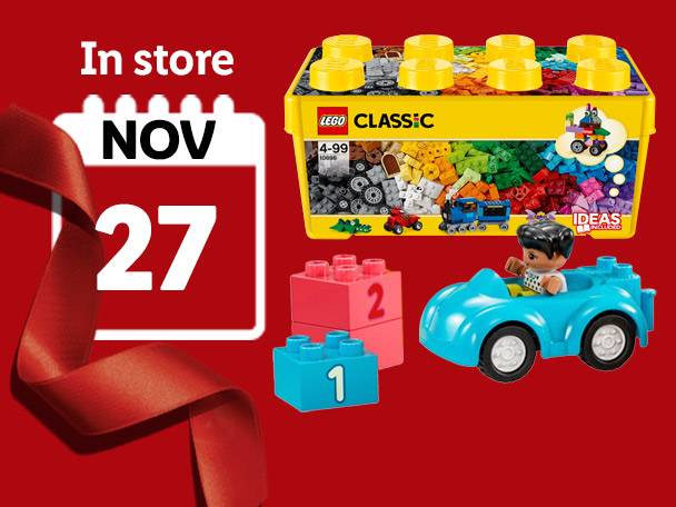Lego Classic box, Duplo blocks, and a Duplo car with a figure, with a calendar showing Nov 27.