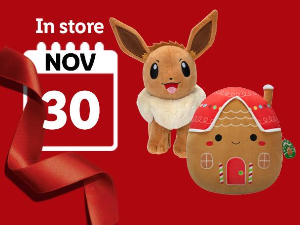 Eevee plush and gingerbread house plush with a calendar showing November 30.