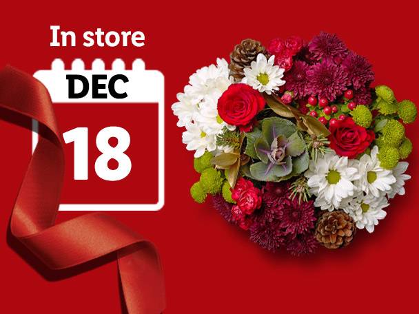 A festive floral arrangement with red roses and white daisies, next to a calendar showing 'DEC 18'.