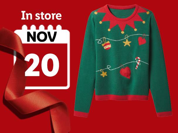 Green Christmas sweater with festive decorations, available in store November 20.