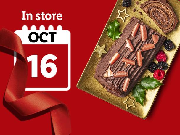 Chocolate yule log with berries and holly, available in store October 16.