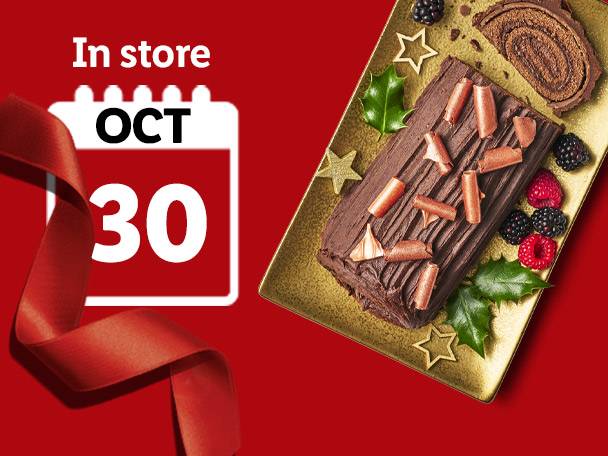 Chocolate yule log with berries and holly, available in store October 30.