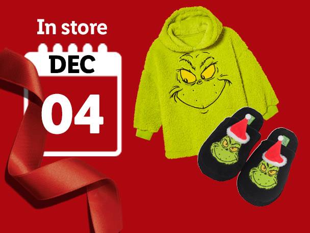 Grinch-themed oversized hoodie and slippers, available in store December 4th.