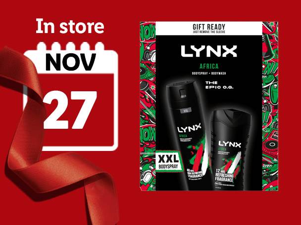 Lynx Africa gift set with body spray and body wash, available in store November 27.