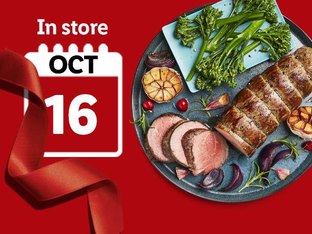 A calendar showing 'In store OCT 16' next to a platter of sliced roast beef and vegetables.