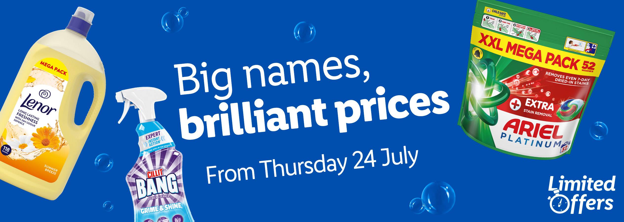 Lenor, Ariel Platinum, and Cillit Bang cleaning products are on sale with limited offers from Thursday, July 24th.