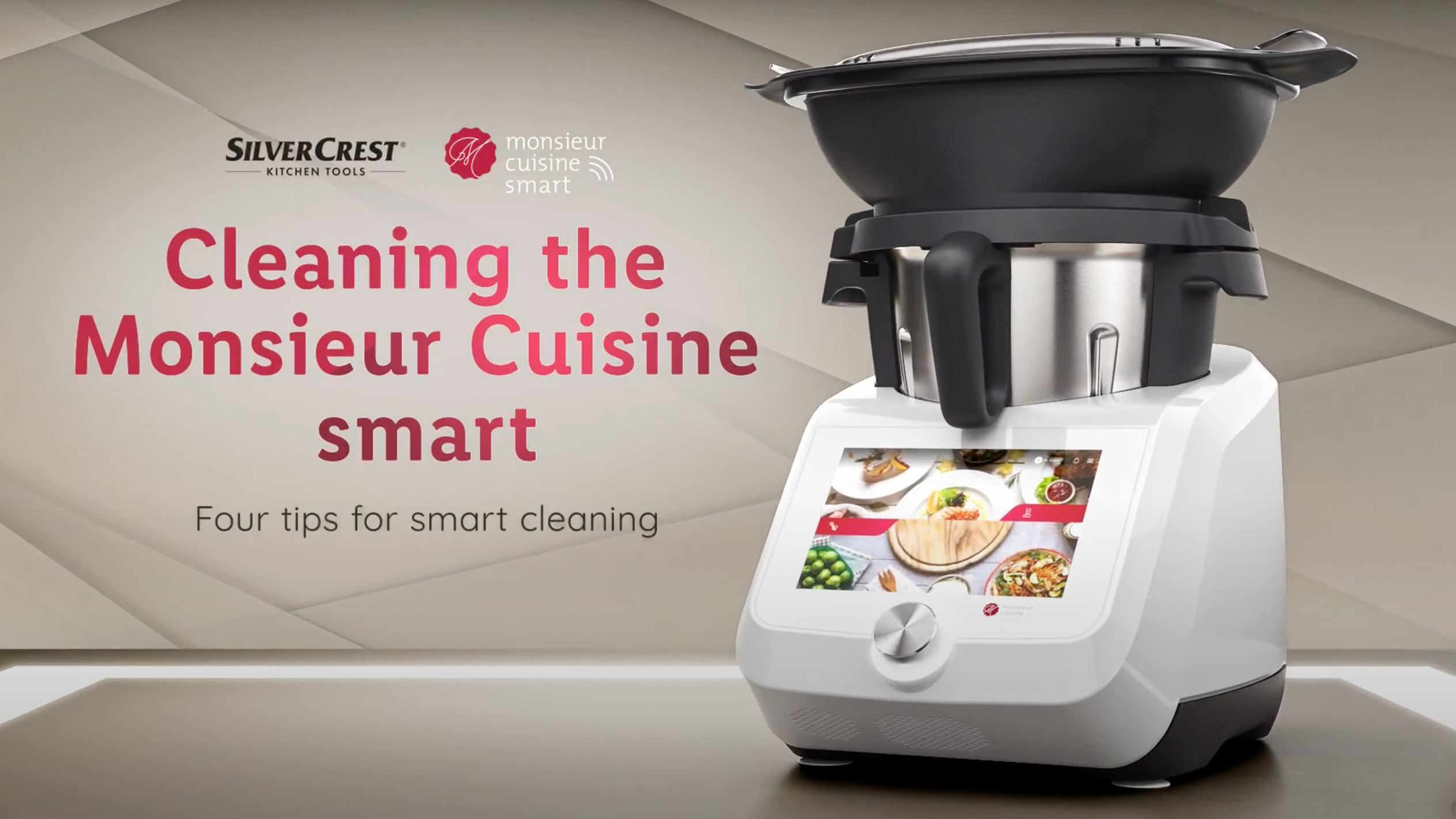 A SilverCrest Monsieur Cuisine Smart kitchen appliance with cleaning instructions.