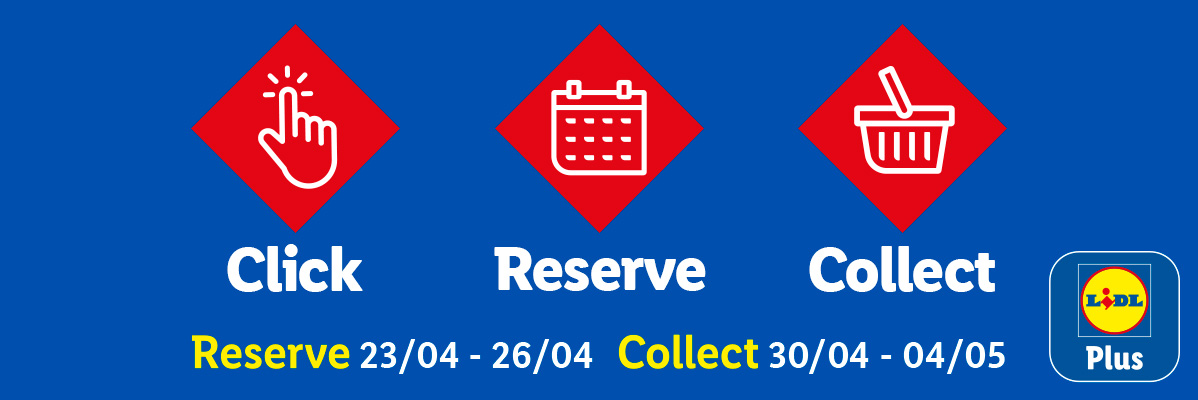 Click, Reserve, Collect service with dates: Reserve 23/04-26/04, Collect 30/04-04/05.