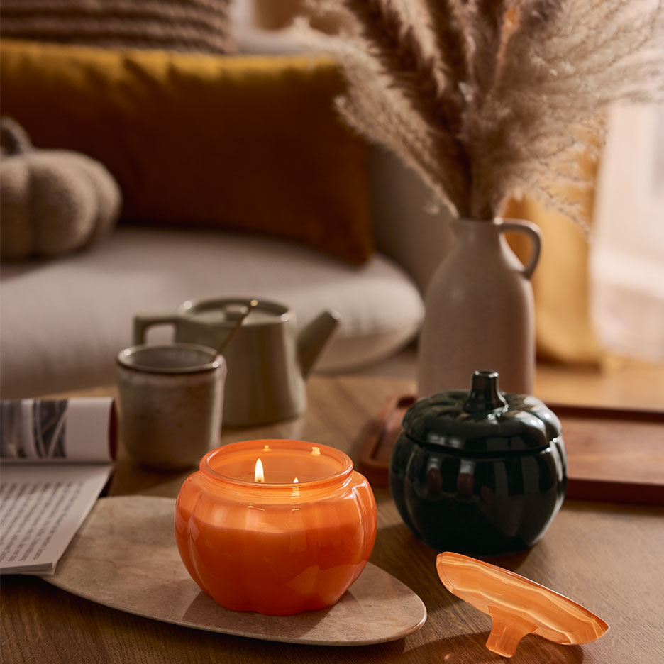 Pumpkin-shaped candle and container on a coffee table with fall decor.