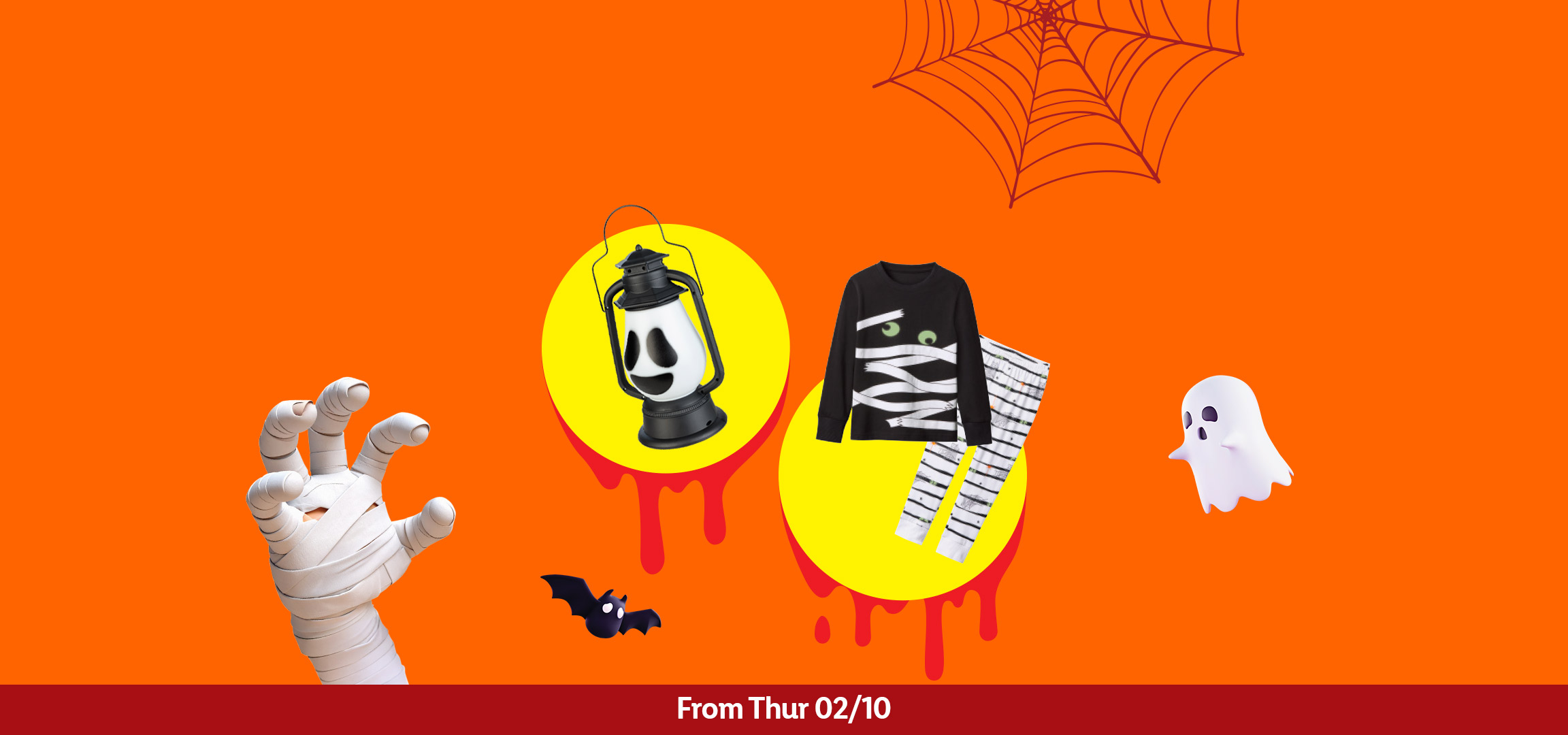 Halloween-themed items including a mummy costume, ghost, spiderweb, and lantern.