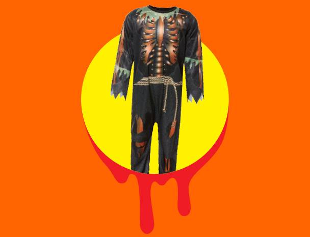 A black skeleton costume with a rope belt, set against an orange and yellow background.