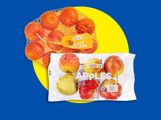 A mesh bag of easy peelers and a plastic bag of funsize apples on a blue and yellow background.