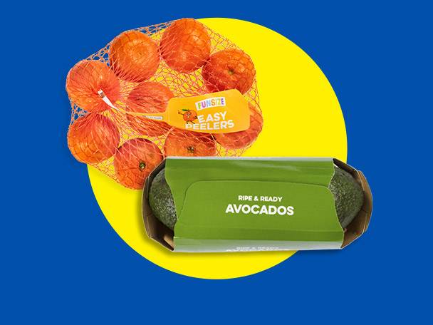 A mesh bag of easy peeler oranges and a package of ripe & ready avocados on a blue and yellow background.