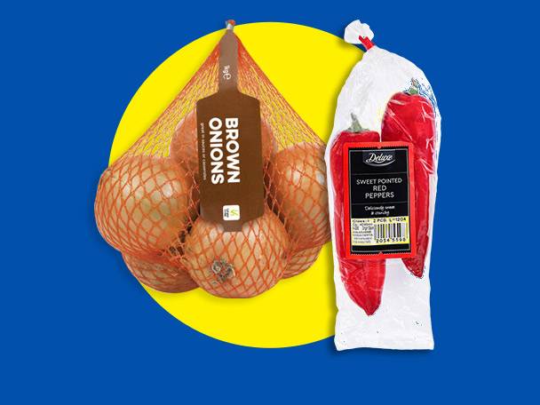 Mesh bag of brown onions and a plastic bag of sweet pointed red peppers.