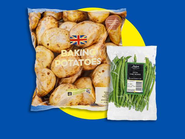 Bag of baking potatoes with a Union Jack flag and a bag of extra fine green beans.