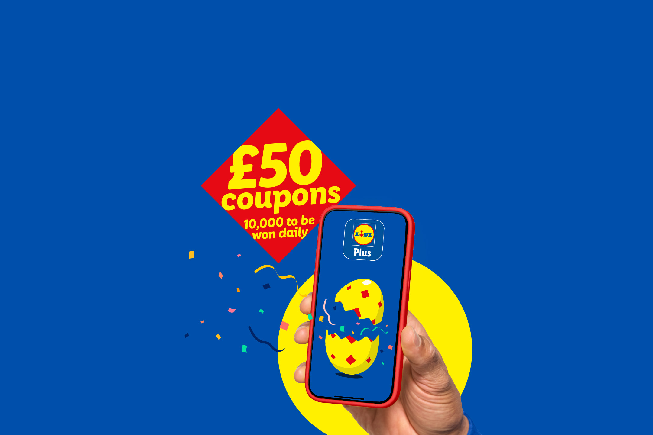 Smartphone with an Easter egg on screen, offering £50 coupons daily.