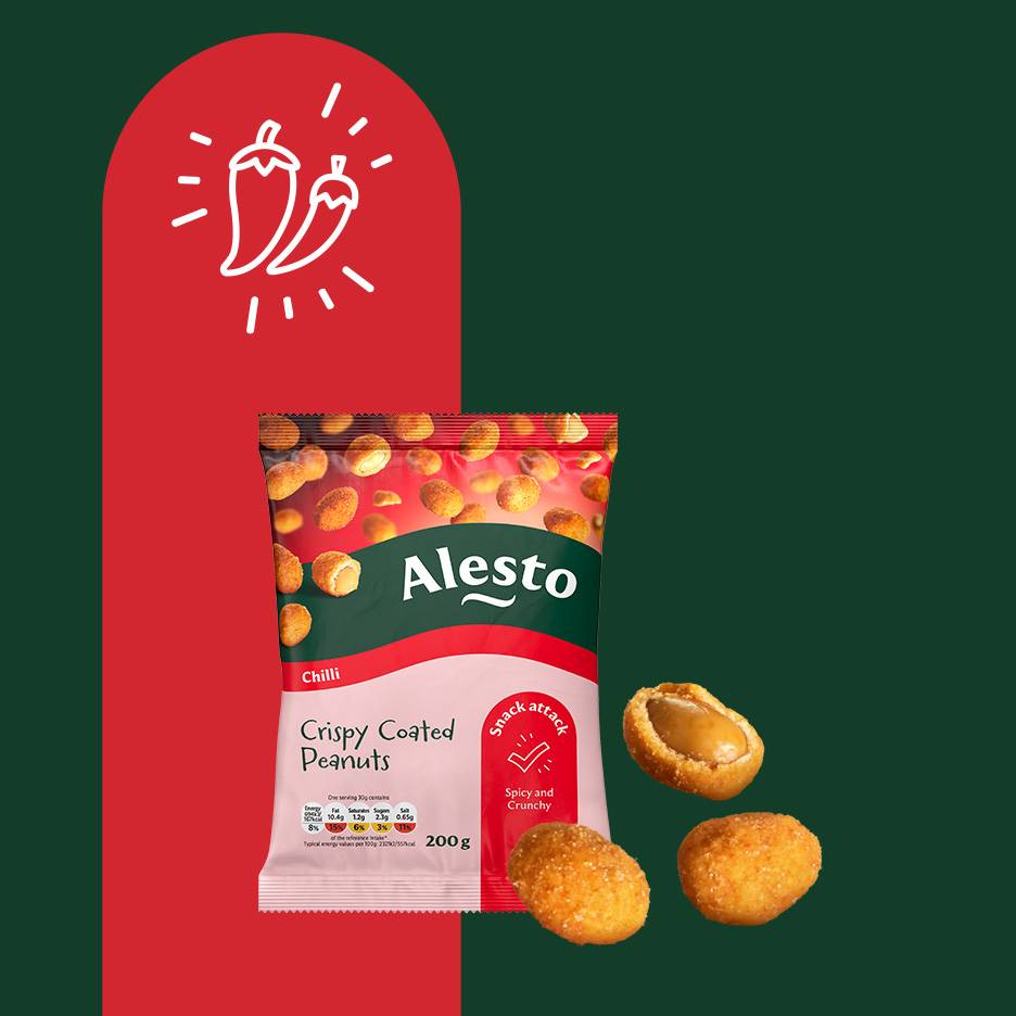 A bag of chilli crispy coated peanuts with loose peanuts, on a red and green background with chilli icons.