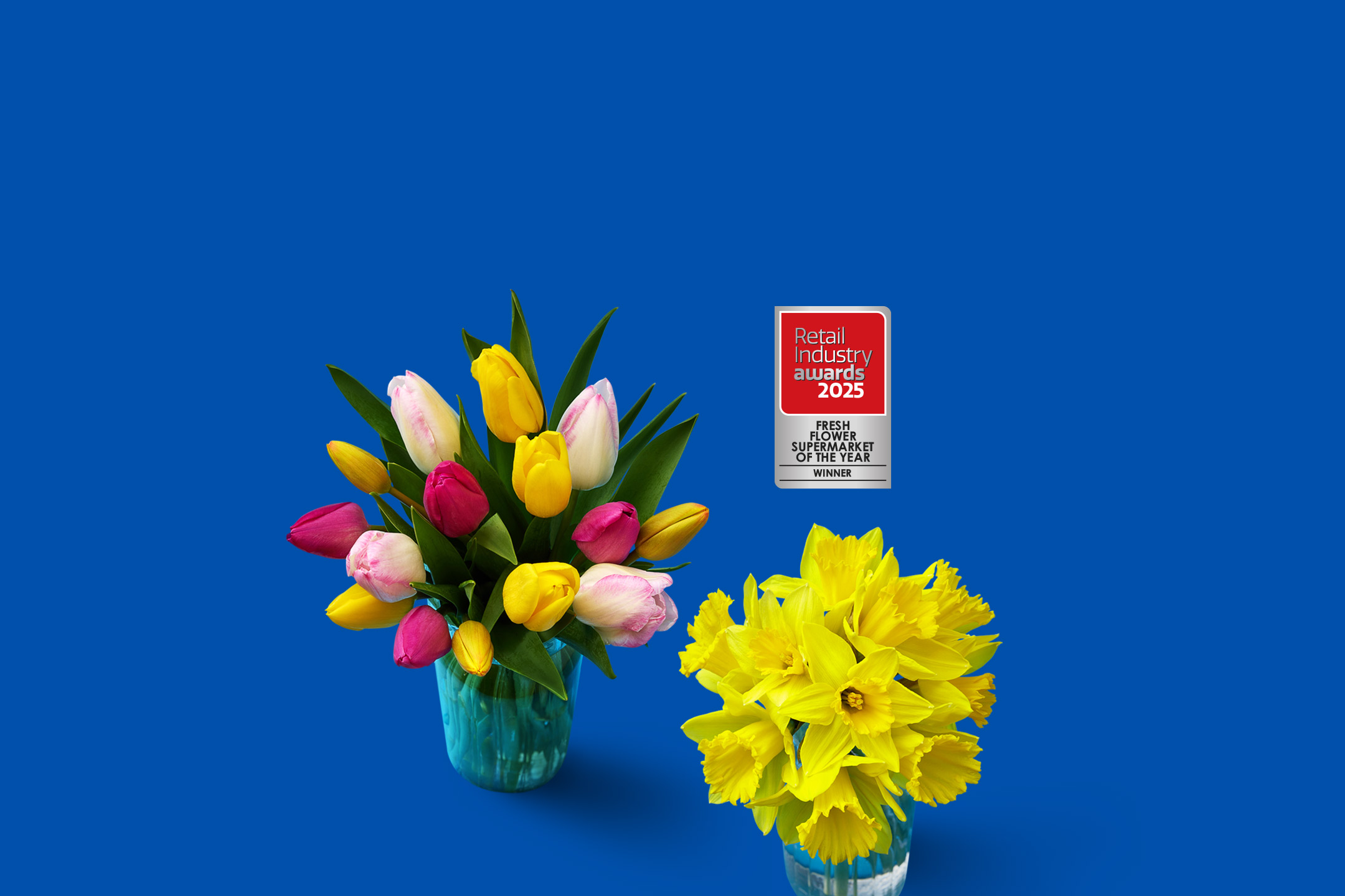 Tulips and daffodils in vases, with a 'Retail Industry Awards 2025' winner badge.