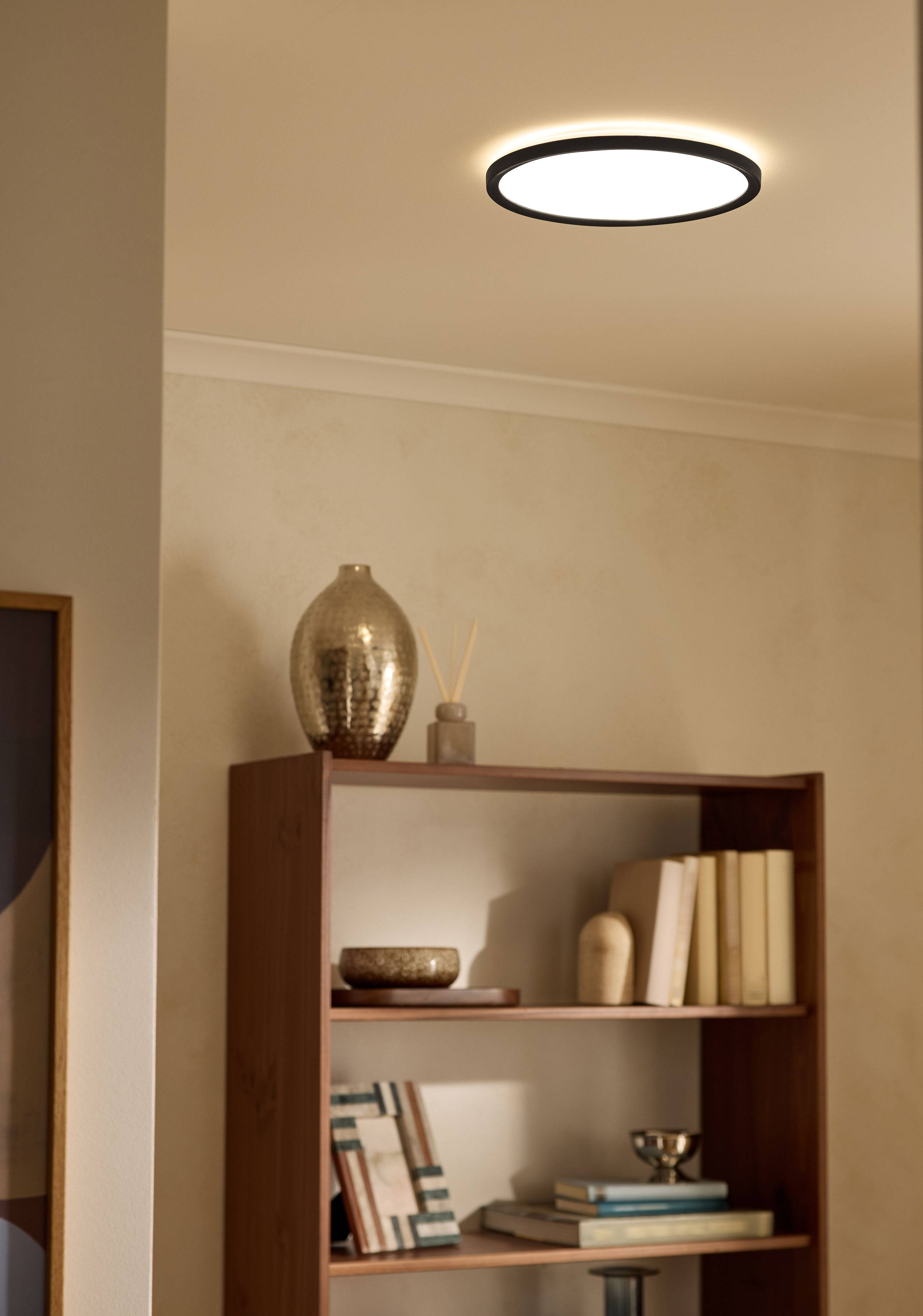 Ceiling light illuminates a living room bookshelf with books and decorative items.