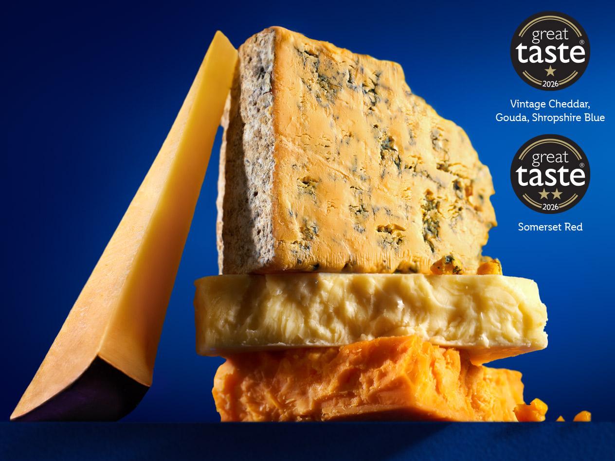 An assortment of award-winning cheeses stacked against a blue background.