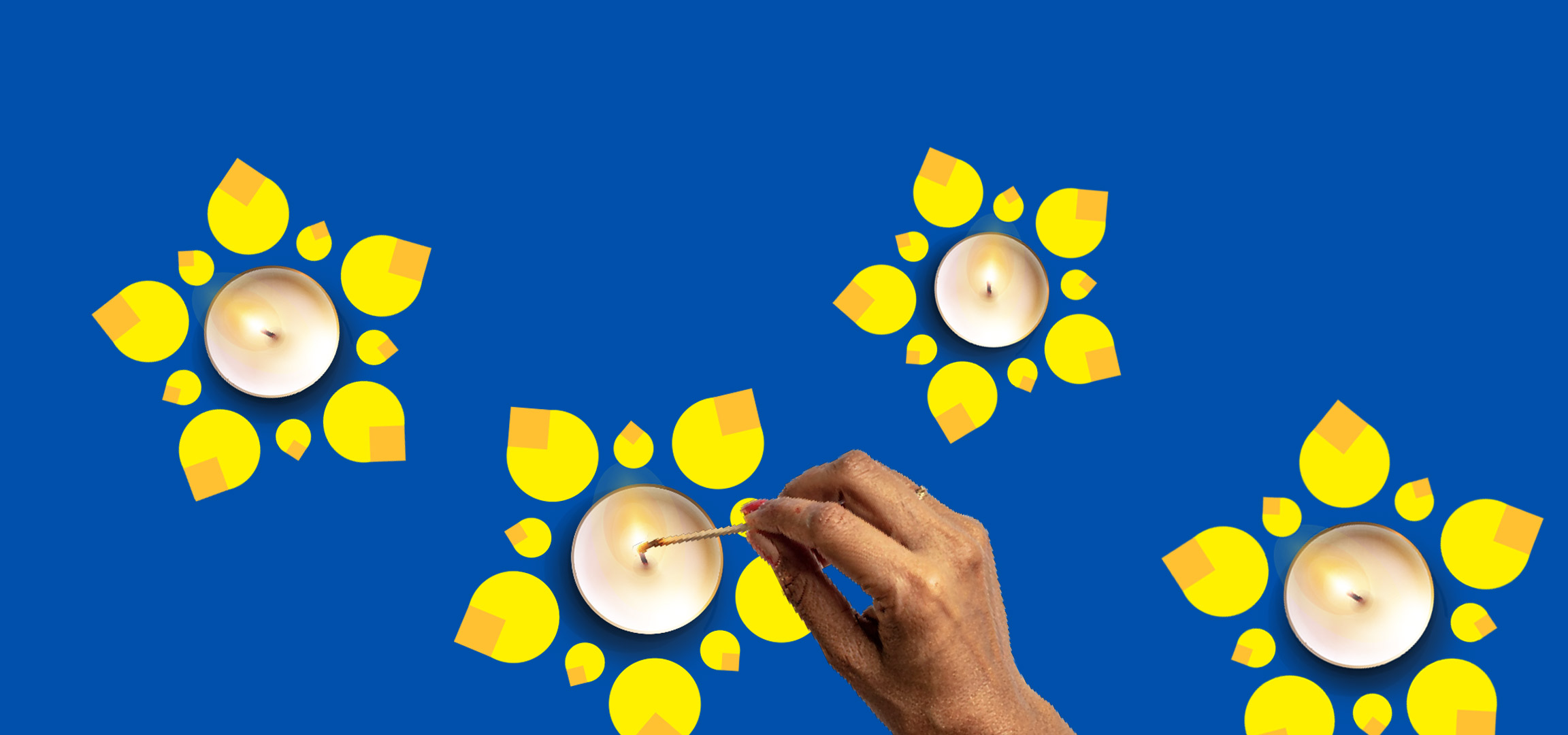 A hand lighting a candle, surrounded by yellow and orange shapes on a blue background.
