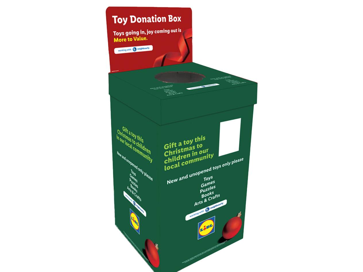 Lidl toy donation box for Christmas, collecting new and unopened toys, games, puzzles, books, and arts & crafts.