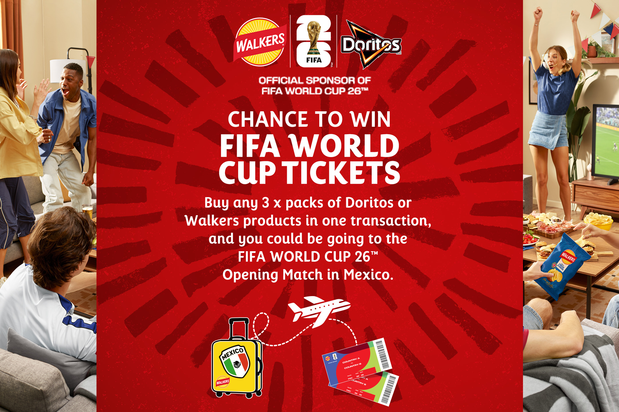 Promotion for FIFA World Cup tickets with snack purchases, featuring people watching football.