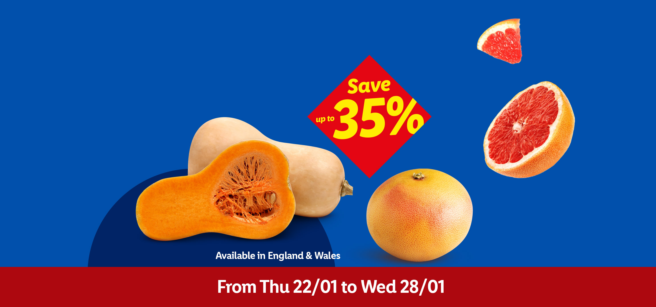Cauliflower, butternut squash, and grapefruit with a 'Save up to 35%' offer.