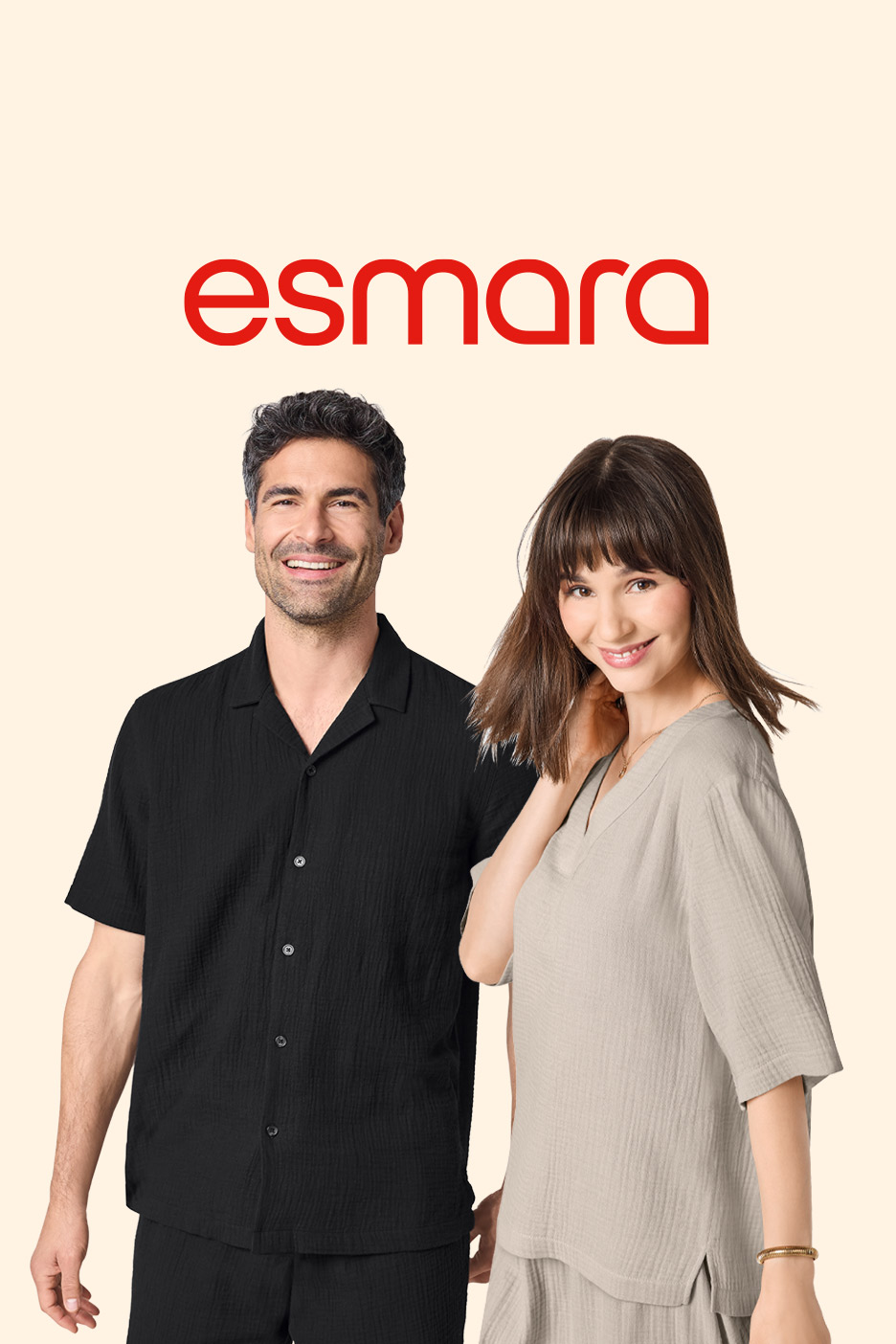 Man in black short-sleeved shirt, woman in beige top, both smiling.