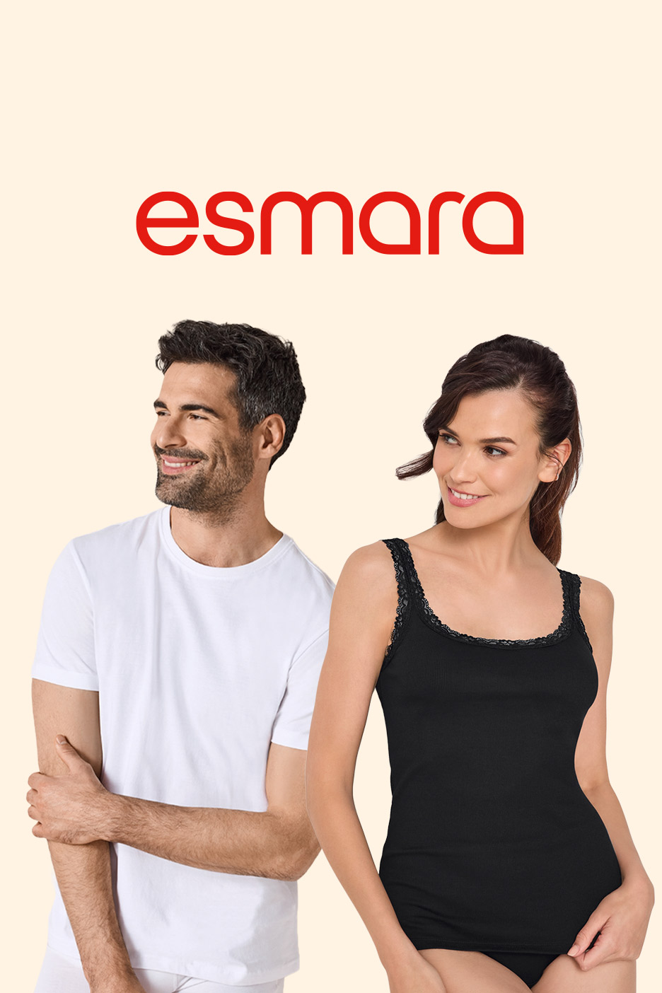 Man in white t-shirt and woman in black lace-trim tank top, smiling.