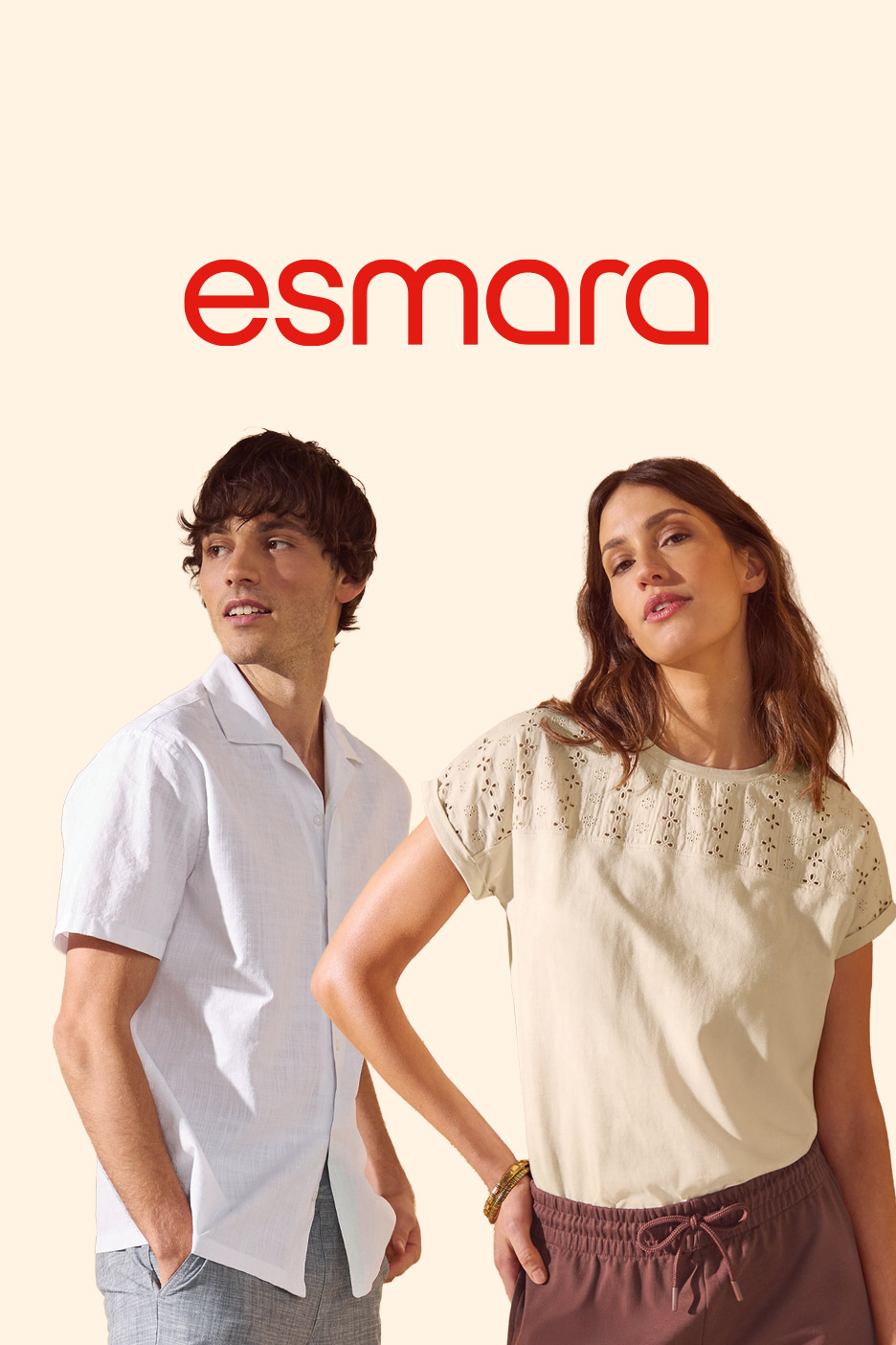Man in white shirt and woman in beige top and brown shorts, with red text above.