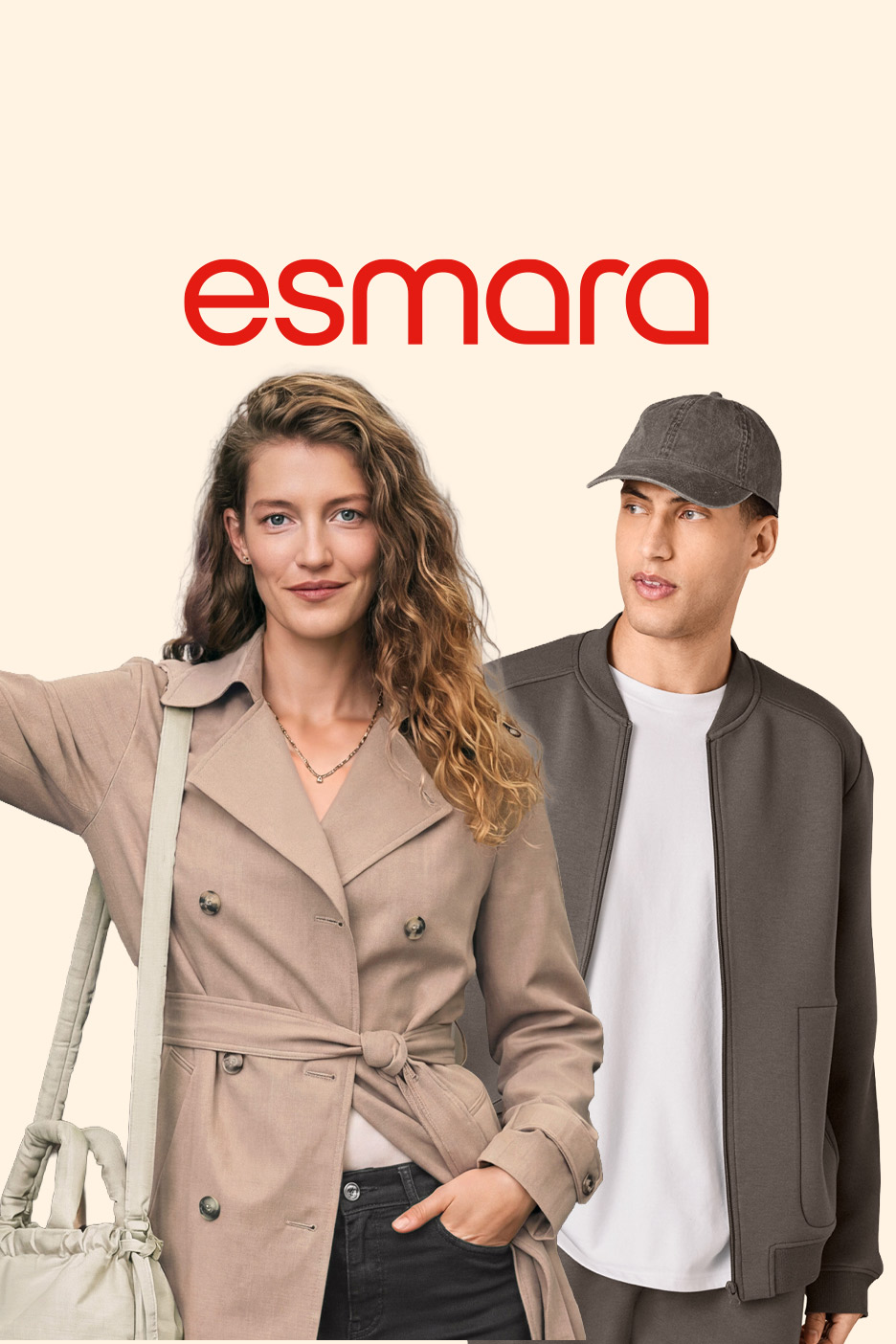 Woman in trench coat and man in bomber jacket, casual fashion.