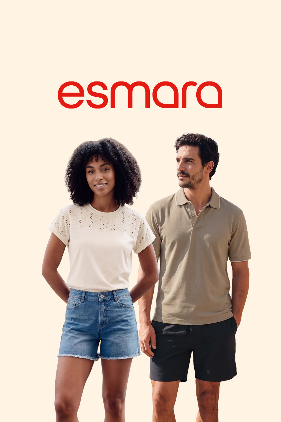 Woman in white top and denim shorts, man in polo shirt and dark shorts.