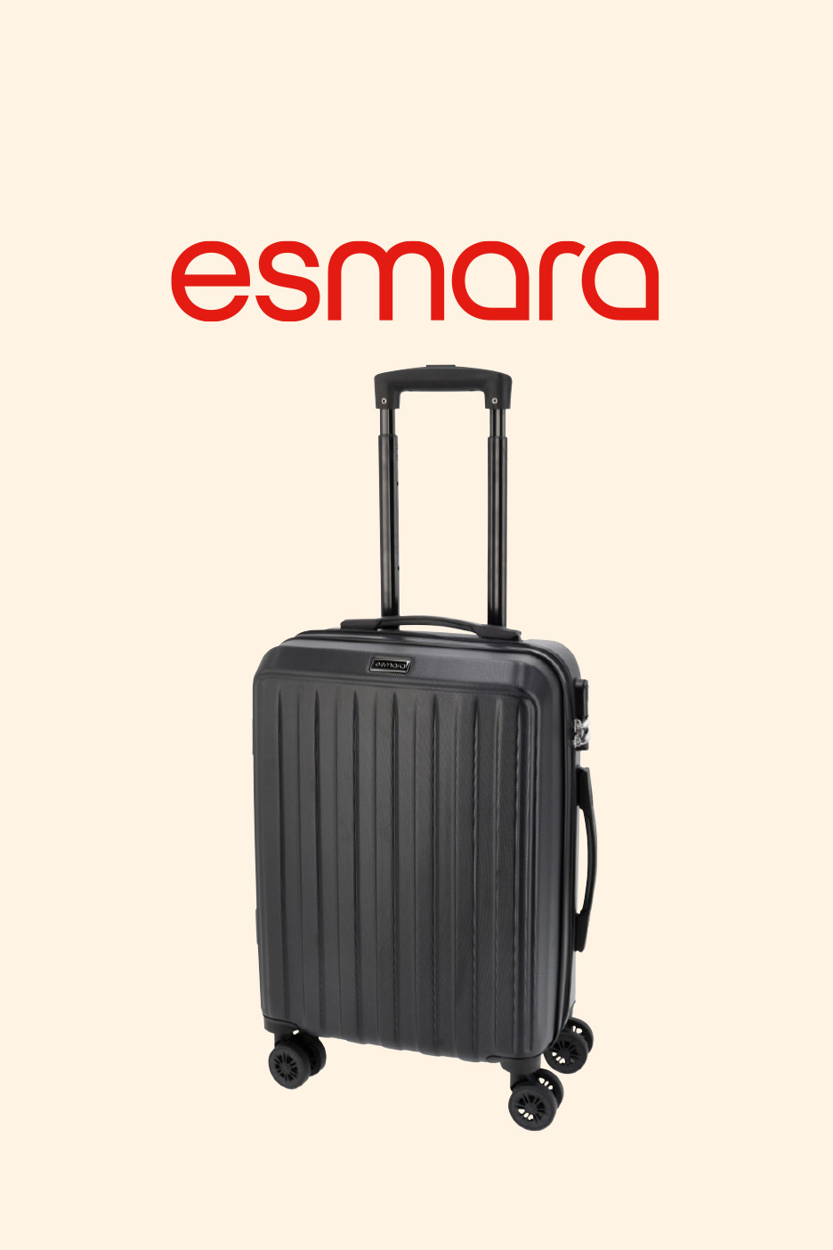 Black hard-shell carry-on suitcase with an extended handle on a light background.