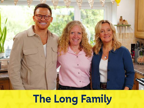 Three smiling people in a kitchen, with the text 'The Long Family' below.