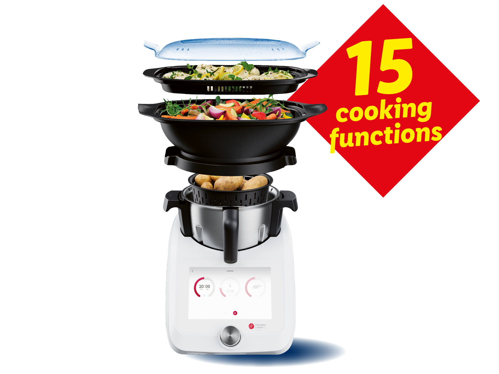 A Monsieur Cuisine Smart food processor with steaming attachments and a red diamond with '15 cooking functions'.