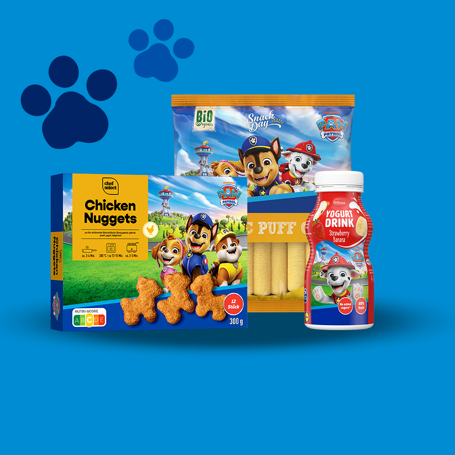 Chicken nuggets, puffs, and yogurt drink with a Paw Patrol theme.