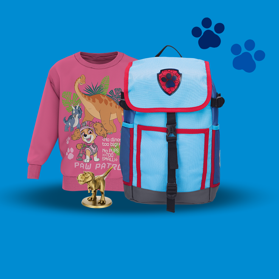Pink dinosaur sweatshirt and blue backpack with badge, featuring 'PAW PATROL' text.