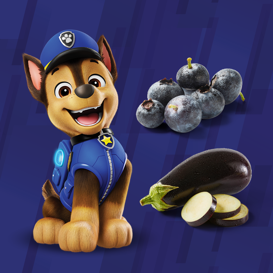 Cartoon dog in police uniform, blueberries, and eggplant on a blue background.