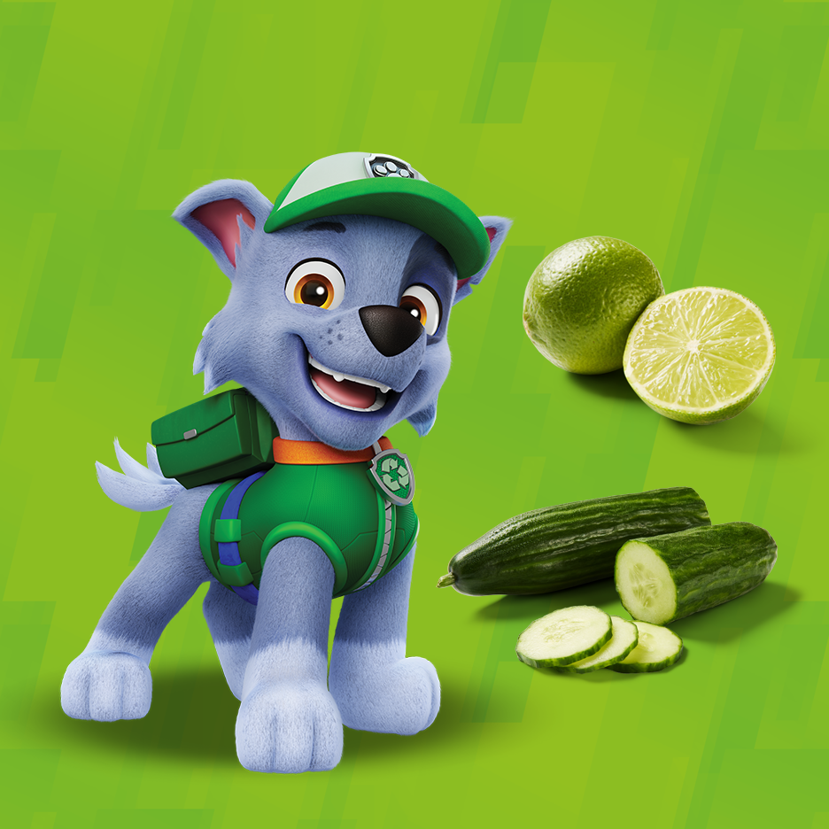 Cartoon dog with green limes and cucumbers on a green background.