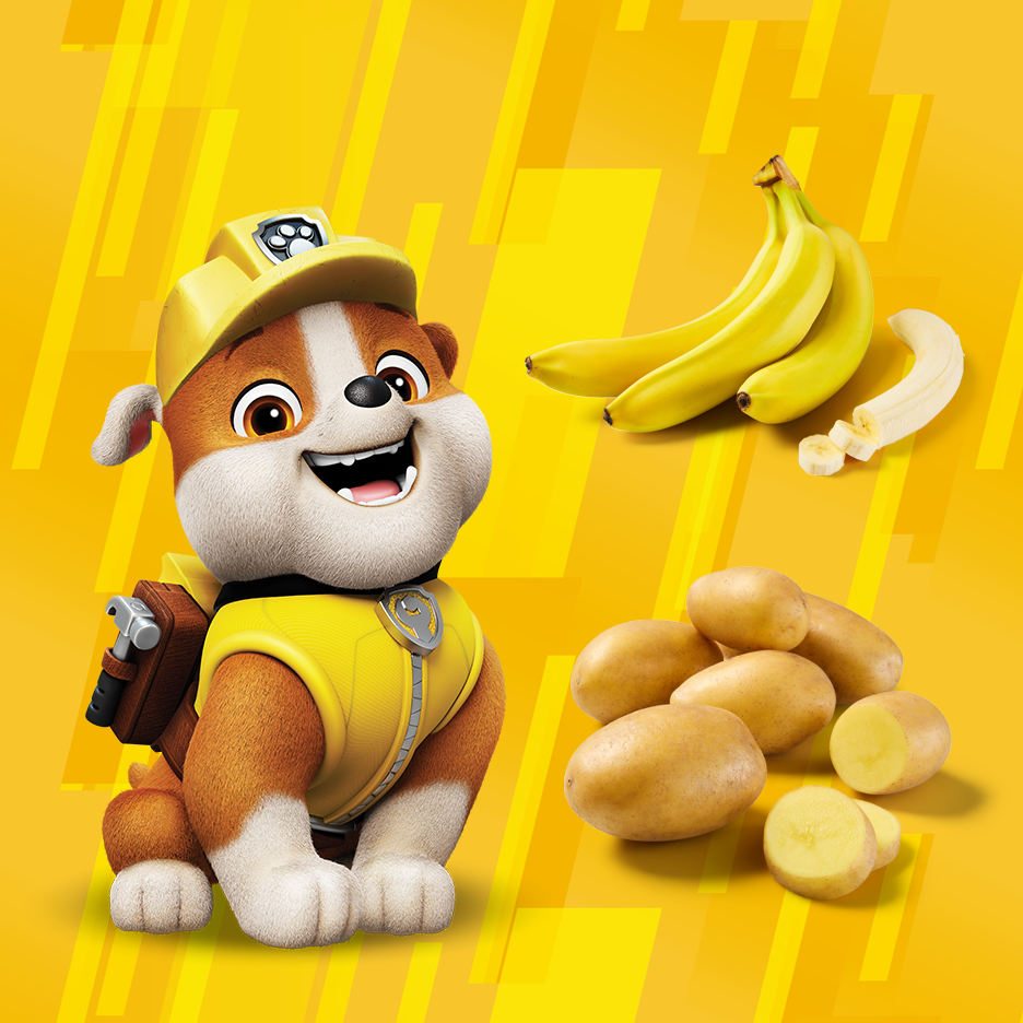 Cartoon puppy with bananas and potatoes on a yellow background.