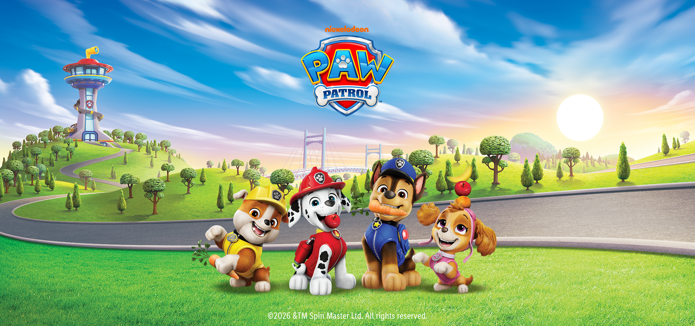 Cartoon puppy characters with a green landscape background and a tower.
