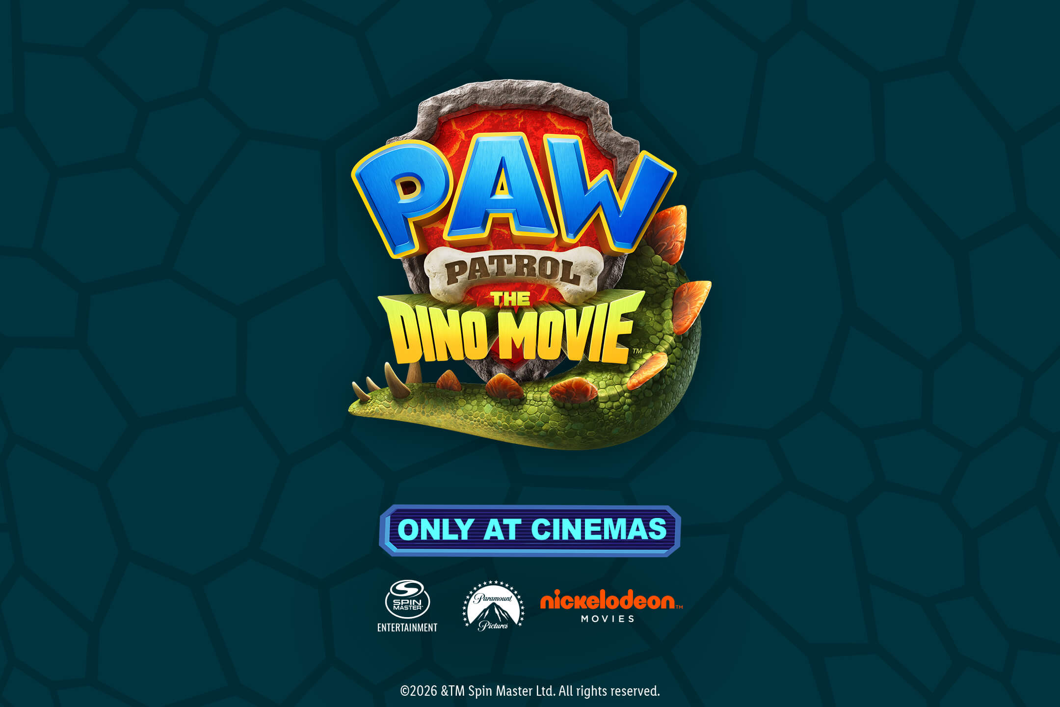 Paw Patrol: The Dino Movie poster with puppies and dinosaurs, 'Only at Cinemas'.