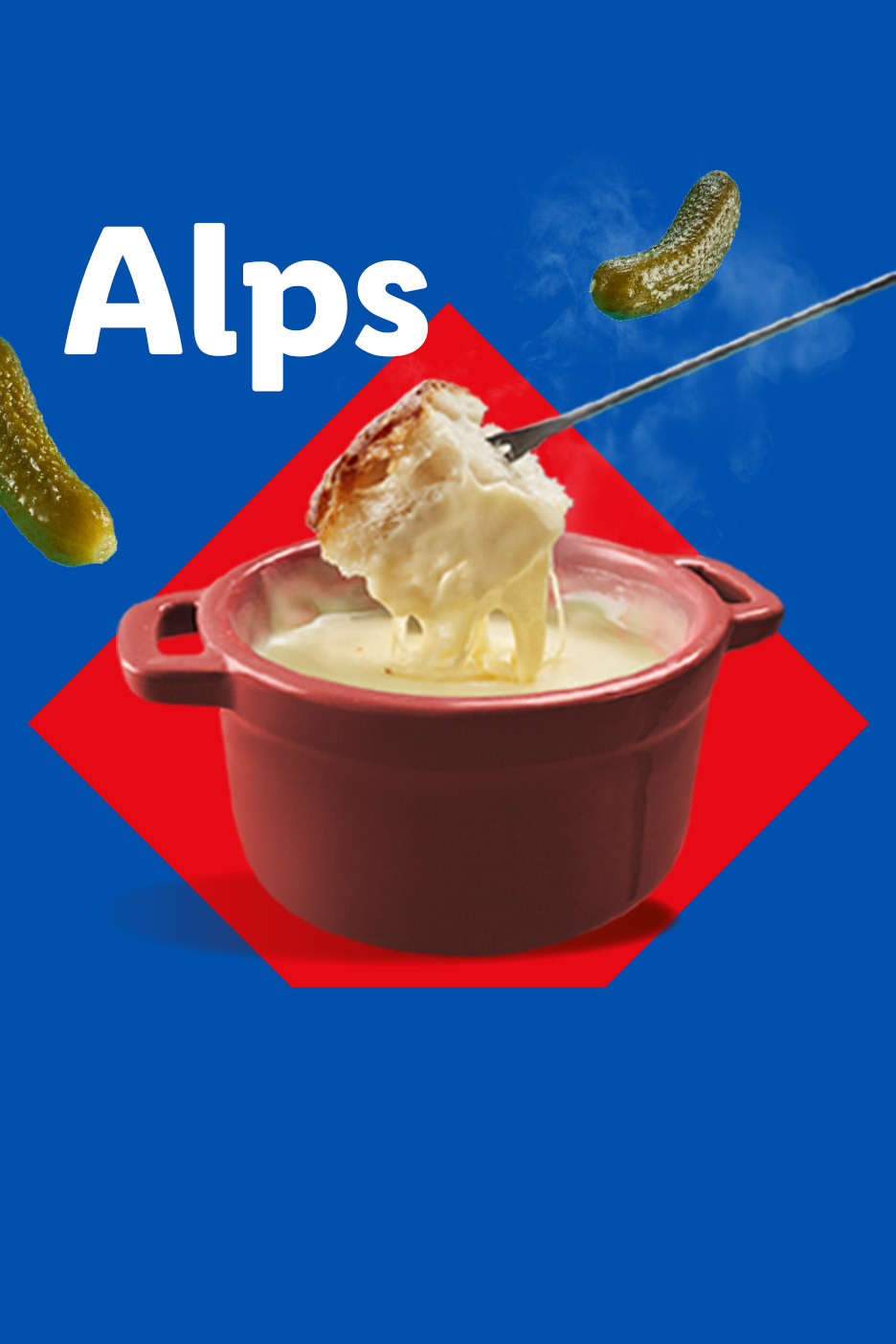 Fondue pot with bread, pickles, and the word 'Alps' on a blue and red background.