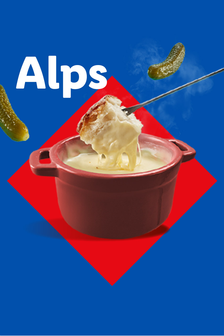 Fondue pot with bread and pickles, with the word 'Alps' on a blue and red background.